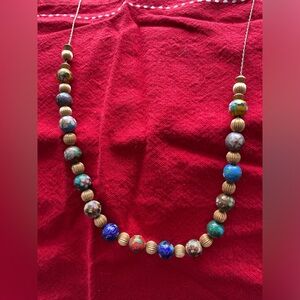 14 inch long, gold, thin chain necklace with cloisonné  and golden beads